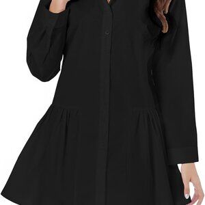 Women's Cotton Button Down Shirt Dress Long Sleeve Collared Ruffle Hem